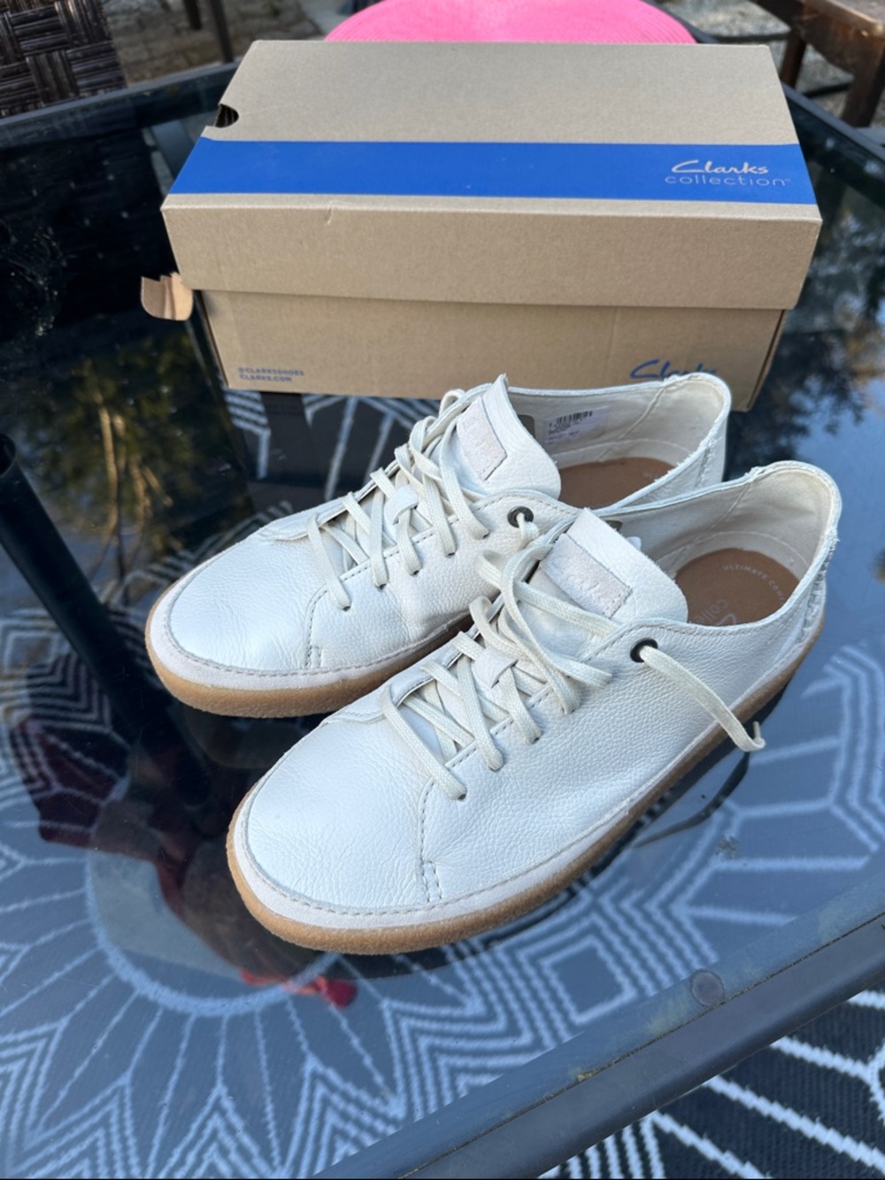 Clarks White Leather Casual Sneakers with Tan Crepe Sole